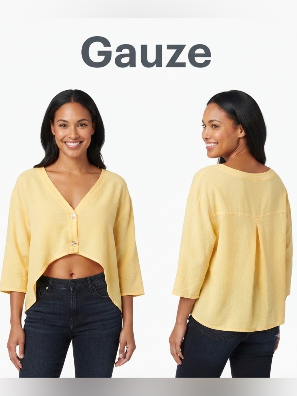 Gauze 2 Button Yellow Crop Top 2 - Picture 1 of 9